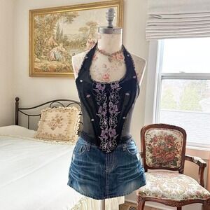 Y2K black embroidered halter corset